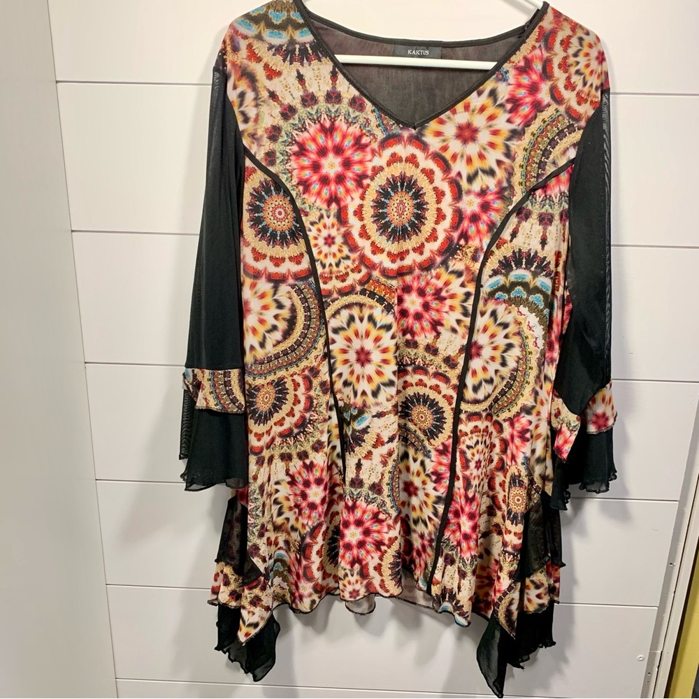 Kaktus Tunic Top Women Sz XL Multicolor Lagenlook Artsy Boho Gypsy‎ Flowy